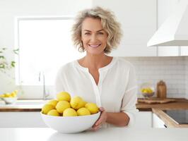 AI Generated Woman Holding a Bowl of Lemons in a Kitchen photo