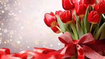 AI Generated A Bouquet of Red Tulips With a Red Bow photo
