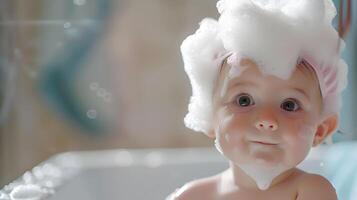 ai generado un linda pequeño niño con pequeño espuma en su cabeza. ai generado foto