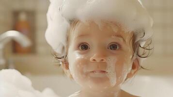 ai generado un linda pequeño niño con pequeño espuma en su cabeza. ai generado foto