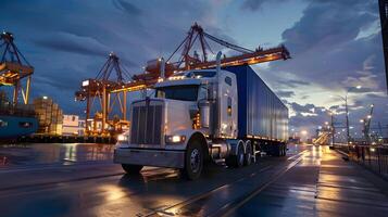 AI generated Truck trailer on the pier in the cargo port terminal with cranes and containers. AI Generated photo