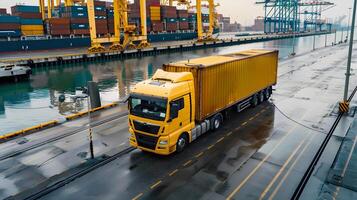 ai generado camión remolque en el muelle en el carga Puerto terminal con grúas y contenedores ai generado foto