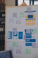 Close up ux developer and ui designer use augmented reality brainstorming about mobile app interface wireframe design on desk at modern office.Creative digital development agency photo