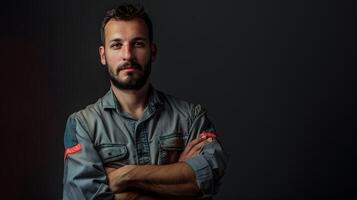 ai generado un hombre, un obrero, un constructor por profesión, en un uniforme y un casco. ai generado foto