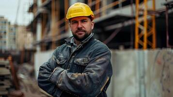 ai generado un hombre, un obrero, un constructor por profesión, en un uniforme y un casco. ai generado foto