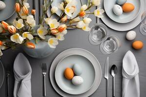 ai generado elegante mesa ajuste con platos, cubiertos, y flores foto