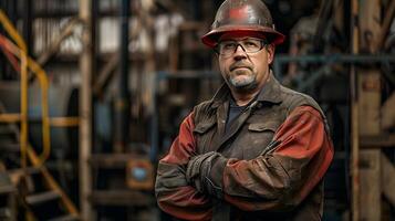 AI generated Portrait of a working man in a uniform and a hard hat. AI Generated photo