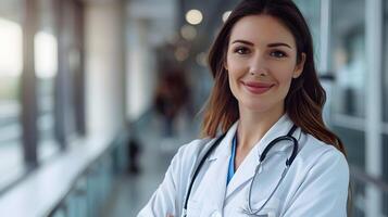 AI generated Portrait of a female medical worker with a stethoscope. AI Generated photo