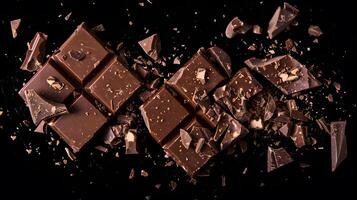 AI generated Sweet dark chocolate bar broken into pieces. AI Generated photo