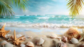 AI generated Azure coast of the ocean with palm trees, sand, surf and shells. AI Generated photo