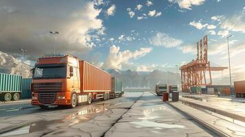 AI generated Truck trailer on the pier in the cargo port terminal with cranes and containers. AI Generated photo