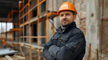 ai generado un hombre, un obrero, un constructor por profesión, en un uniforme y un casco. ai generado foto