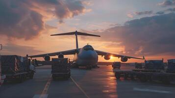 AI generated A cargo plane at the airport docks loads or unloads cargo. AI Generated photo