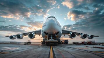 AI generated A cargo plane at the airport docks loads or unloads cargo. AI Generated photo