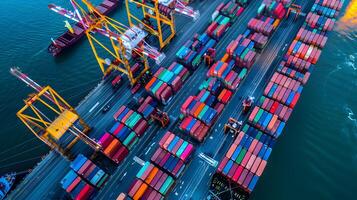 AI generated A ship for transporting cargo containers and also unloading it at the docks of a cargo port. AI Generated photo