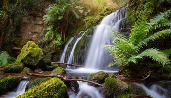 ai generado largo exposición de hermosa cascada en bosque foto