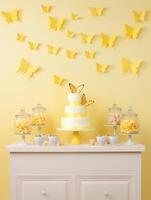 AI generated Table Topped With Cake and Yellow Butterflies photo