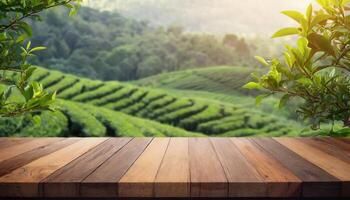AI generated Empty wood table for product presentation, blurry nature background in tea garden photo