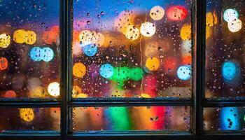 AI generated Bokeh of colorful lights in the city behind the window at night with raindrops photo