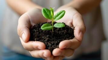 ai generado humano palmas sostener suelo con un verde pequeño planta como un concepto para negocio desarrollo. ai generado foto