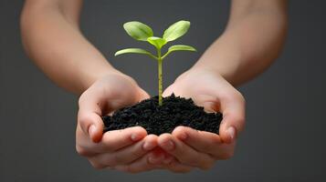 ai generado humano palmas sostener suelo con un verde pequeño planta como un concepto para negocio desarrollo. ai generado foto