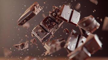 AI generated Sweet dark chocolate bar broken into pieces. AI Generated photo