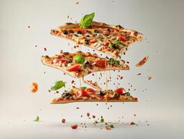 AI generated A delicious pizza with various toppings such as bacon, tomatoes, and basil leaves, falling from the sky. photo