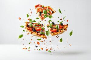 AI generated A delicious pizza with various toppings such as bacon, tomatoes, and basil leaves, falling from the sky. photo