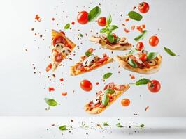 AI generated A delicious pizza with various toppings such as bacon, tomatoes, and basil leaves, falling from the sky. photo