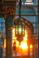 AI generated Traditional Lantern Illuminated Against a Twilight Sky During Ramadan photo