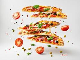 AI generated A delicious pizza with various toppings such as bacon, tomatoes, and basil leaves, falling from the sky. photo