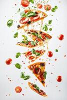 AI generated A delicious pizza with various toppings such as bacon, tomatoes, and basil leaves, falling from the sky. photo