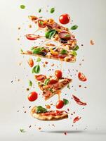 AI generated A delicious pizza with various toppings such as bacon, tomatoes, and basil leaves, falling from the sky. photo