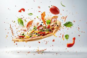 AI generated A delicious pizza with various toppings such as bacon, tomatoes, and basil leaves, falling from the sky. photo