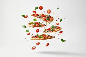 AI generated A delicious pizza with various toppings such as bacon, tomatoes, and basil leaves, falling from the sky. photo