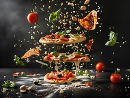 ai generado un delicioso Pizza con varios coberturas tal como tocino, Tomates, y albahaca hojas, que cae desde el cielo. foto