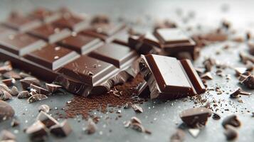 AI generated Sweet dark chocolate bar broken into pieces. AI Generated photo