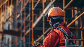 AI generated A man, a worker, a builder by profession, in a uniform and a helmet. AI Generated photo