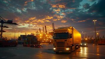 ai generado camión remolque en el muelle en el carga Puerto terminal con grúas y contenedores ai generado foto