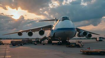 ai generado un carga avión a el aeropuerto muelles cargas o descarga carga. ai generado foto