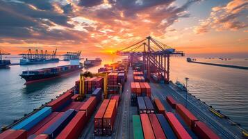 AI generated A ship for transporting cargo containers and also unloading it at the docks of a cargo port. AI Generated photo