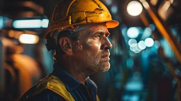 AI generated Portrait of a working man in a uniform and a hard hat. AI Generated photo