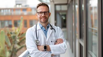 AI generated Portrait of a male medical worker with a stethoscope. AI Generated photo