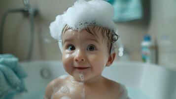 ai generado un linda pequeño niño con pequeño espuma en su cabeza. ai generado foto