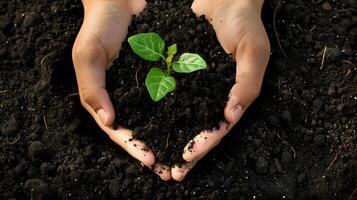 AI generated Human palms hold soil with a green small plant as a concept for business development. AI Generated photo