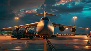 AI generated A cargo plane at the airport docks loads or unloads cargo. AI Generated photo