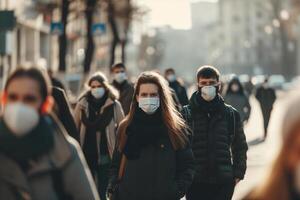 ai generado grupo de varios siglos personas vistiendo un protector máscara durante pesado pm 2.5 y aire contaminación foto