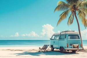 AI generated Ready for summer travel. Van and beach bed at the sea. Summer and holiday, road trip concept photo