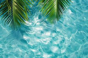 AI generated Palm leaf above clear water background. Summer holiday and outdoor relax concept. Copy space photo