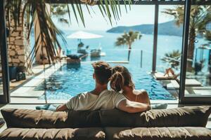 AI generated Rear view of couple relaxing at tropical beachfront in luxury hotel. Summer, holiday and lifestyle photo
